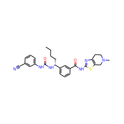 CCCC[C@@H](NC(=O)Nc1cccc(C#N)c1)c1cccc(C(=O)Nc2nc3c(s2)CN(C)CC3)c1 ZINC000141654818