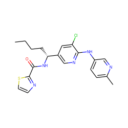 CCCC[C@@H](NC(=O)c1nccs1)c1cnc(Nc2ccc(C)nc2)c(Cl)c1 ZINC000473107596