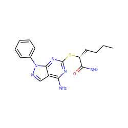 CCCC[C@@H](Sc1nc(N)c2cnn(-c3ccccc3)c2n1)C(N)=O ZINC000013759714