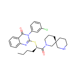 CCCC[C@@H](Sc1nc2ccccc2c(=O)n1-c1cccc(Cl)c1)C(=O)N1CCC[C@]2(CCCNC2)C1 ZINC000044386543