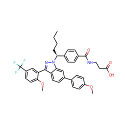 CCCC[C@@H](c1ccc(C(=O)NCCC(=O)O)cc1)n1nc(-c2cc(C(F)(F)F)ccc2OC)c2ccc(-c3ccc(OC)cc3)cc21 ZINC000473090663