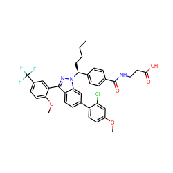 CCCC[C@@H](c1ccc(C(=O)NCCC(=O)O)cc1)n1nc(-c2cc(C(F)(F)F)ccc2OC)c2ccc(-c3ccc(OC)cc3Cl)cc21 ZINC000473090561