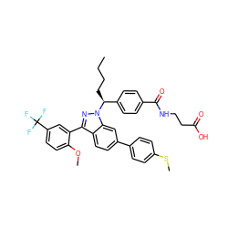 CCCC[C@@H](c1ccc(C(=O)NCCC(=O)O)cc1)n1nc(-c2cc(C(F)(F)F)ccc2OC)c2ccc(-c3ccc(SC)cc3)cc21 ZINC000473090711