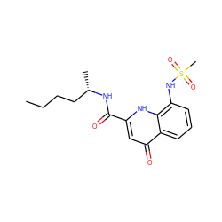 CCCC[C@H](C)NC(=O)c1cc(=O)c2cccc(NS(C)(=O)=O)c2[nH]1 ZINC000095590076