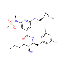 CCCC[C@H](N)[C@H](Cc1cc(F)cc(F)c1)NC(=O)c1cc(NC[C@H]2C[C@@H]2C)nc(N(C)S(C)(=O)=O)c1 ZINC000014961837