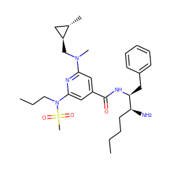 CCCC[C@H](N)[C@H](Cc1ccccc1)NC(=O)c1cc(N(C)C[C@H]2C[C@@H]2C)nc(N(CCC)S(C)(=O)=O)c1 ZINC000014961866