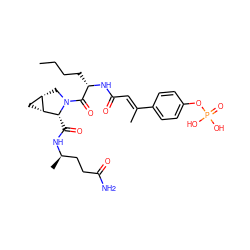 CCCC[C@H](NC(=O)/C=C(\C)c1ccc(OP(=O)(O)O)cc1)C(=O)N1C[C@H]2C[C@H]2[C@H]1C(=O)N[C@H](C)CCC(N)=O ZINC000071296589