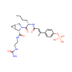 CCCC[C@H](NC(=O)/C=C(\C)c1ccc(OP(=O)(O)O)cc1)C(=O)N1C[C@H]2C[C@H]2[C@H]1C(=O)NCCNC(N)=O ZINC000071317468