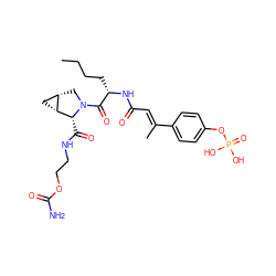 CCCC[C@H](NC(=O)/C=C(\C)c1ccc(OP(=O)(O)O)cc1)C(=O)N1C[C@H]2C[C@H]2[C@H]1C(=O)NCCOC(N)=O ZINC000071329393