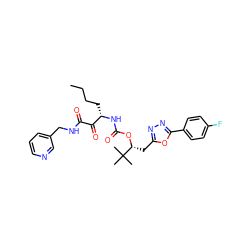 CCCC[C@H](NC(=O)O[C@H](Cc1nnc(-c2ccc(F)cc2)o1)C(C)(C)C)C(=O)C(=O)NCc1cccnc1 ZINC000028469557