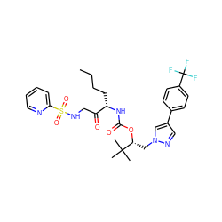 CCCC[C@H](NC(=O)O[C@H](Cn1cc(-c2ccc(C(F)(F)F)cc2)cn1)C(C)(C)C)C(=O)CNS(=O)(=O)c1ccccn1 ZINC000014972278