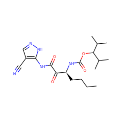 CCCC[C@H](NC(=O)OC(C(C)C)C(C)C)C(=O)C(=O)Nc1[nH]ncc1C#N ZINC000013559135