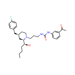 CCCC[C@H](O)[C@H]1C[C@@H](Cc2ccc(F)cc2)CCN1CCCNC(=O)Nc1cccc(C(C)=O)c1 ZINC000013443690