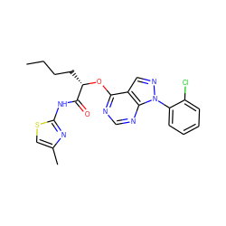 CCCC[C@H](Oc1ncnc2c1cnn2-c1ccccc1Cl)C(=O)Nc1nc(C)cs1 ZINC000095560556