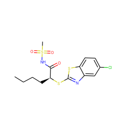 CCCC[C@H](Sc1nc2cc(Cl)ccc2s1)C(=O)NS(C)(=O)=O ZINC000095577164