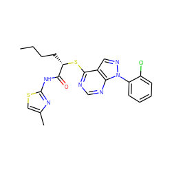 CCCC[C@H](Sc1ncnc2c1cnn2-c1ccccc1Cl)C(=O)Nc1nc(C)cs1 ZINC000095560206