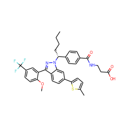 CCCC[C@H](c1ccc(C(=O)NCCC(=O)O)cc1)n1nc(-c2cc(C(F)(F)F)ccc2OC)c2ccc(-c3ccc(C)s3)cc21 ZINC000473083299