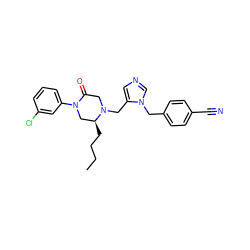 CCCC[C@H]1CN(c2cccc(Cl)c2)C(=O)CN1Cc1cncn1Cc1ccc(C#N)cc1 ZINC000013800815