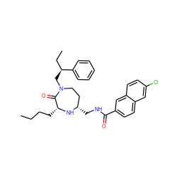 CCCC[C@H]1N[C@@H](CNC(=O)c2ccc3cc(Cl)ccc3c2)CCN(C[C@@H](CC)c2ccccc2)C1=O ZINC000207814417