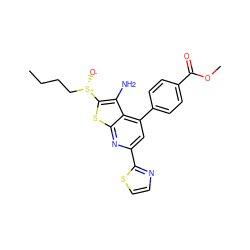 CCCC[S@+]([O-])c1sc2nc(-c3nccs3)cc(-c3ccc(C(=O)OC)cc3)c2c1N ZINC001772609307