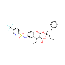 CCCC1(CCc2ccccc2)OC(=O)C([C@H](CC)c2cccc(NS(=O)(=O)c3ccc(C(F)(F)F)cn3)c2)C(=O)O1 ZINC000100032082