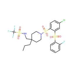 CCCC1(CNS(=O)(=O)C(F)(F)F)CCN(S(=O)(=O)c2ccc(Cl)cc2S(=O)(=O)c2ccccc2F)CC1 ZINC000049762018