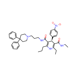 CCCC1=C(C(=O)NCCCN2CCC(c3ccccc3)(c3ccccc3)CC2)[C@@H](c2ccc([N+](=O)[O-])cc2)C(C(=O)NCC)=C(CC)N1 ZINC000026717914