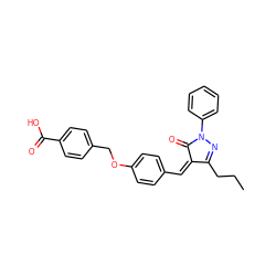 CCCC1=NN(c2ccccc2)C(=O)/C1=C\c1ccc(OCc2ccc(C(=O)O)cc2)cc1 ZINC000013124851