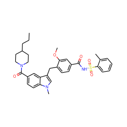 CCCC1CCN(C(=O)c2ccc3c(c2)c(Cc2ccc(C(=O)NS(=O)(=O)c4ccccc4C)cc2OC)cn3C)CC1 ZINC000027329974