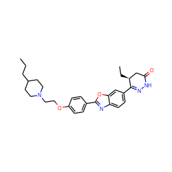 CCCC1CCN(CCOc2ccc(-c3nc4ccc(C5=NNC(=O)C[C@@H]5CC)cc4o3)cc2)CC1 ZINC000168893320