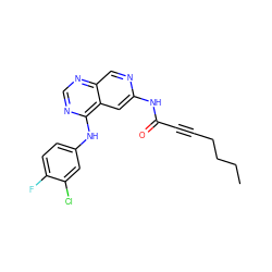 CCCCC#CC(=O)Nc1cc2c(Nc3ccc(F)c(Cl)c3)ncnc2cn1 ZINC000013682426