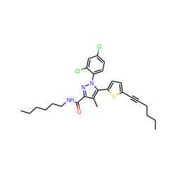 CCCCC#Cc1ccc(-c2c(C)c(C(=O)NCCCCCC)nn2-c2ccc(Cl)cc2Cl)s1 ZINC000040957011