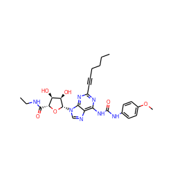 CCCCC#Cc1nc(NC(=O)Nc2ccc(OC)cc2)c2ncn([C@@H]3O[C@H](C(=O)NCC)[C@@H](O)[C@H]3O)c2n1 ZINC000028570767