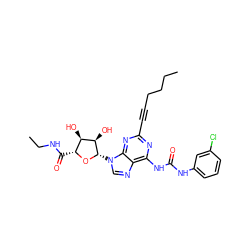 CCCCC#Cc1nc(NC(=O)Nc2cccc(Cl)c2)c2ncn([C@@H]3O[C@H](C(=O)NCC)[C@@H](O)[C@H]3O)c2n1 ZINC000028571817