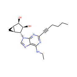 CCCCC#Cc1nc(NCC)c2ncn([C@H]3[C@H](O)[C@H](O)[C@@H]4C[C@@H]43)c2n1 ZINC000103248051