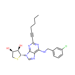 CCCCC#Cc1nc(NCc2cccc(Cl)c2)c2ncn([C@@H]3SC[C@@H](O)[C@H]3O)c2n1 ZINC000082155467