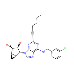 CCCCC#Cc1nc(NCc2cccc(Cl)c2)c2ncn([C@H]3[C@H](O)[C@H](O)[C@@H]4C[C@@H]43)c2n1 ZINC000103248058