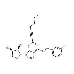 CCCCC#Cc1nc(NCc2cccc(F)c2)c2ncn([C@@H]3OC[C@@H](O)[C@H]3O)c2n1 ZINC000073200082