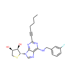 CCCCC#Cc1nc(NCc2cccc(F)c2)c2ncn([C@@H]3SC[C@@H](O)[C@H]3O)c2n1 ZINC000082155466