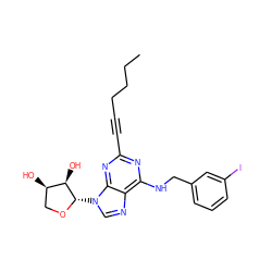 CCCCC#Cc1nc(NCc2cccc(I)c2)c2ncn([C@@H]3OC[C@@H](O)[C@H]3O)c2n1 ZINC000084564494