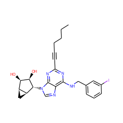 CCCCC#Cc1nc(NCc2cccc(I)c2)c2ncn([C@H]3[C@H](O)[C@H](O)[C@@H]4C[C@@H]43)c2n1 ZINC000103248056