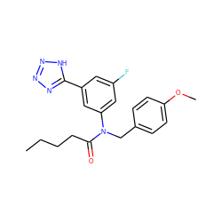 CCCCC(=O)N(Cc1ccc(OC)cc1)c1cc(F)cc(-c2nnn[nH]2)c1 ZINC000084710749