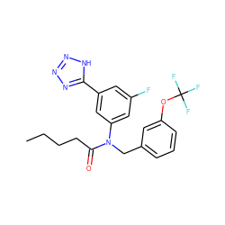 CCCCC(=O)N(Cc1cccc(OC(F)(F)F)c1)c1cc(F)cc(-c2nnn[nH]2)c1 ZINC000084655291