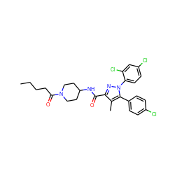 CCCCC(=O)N1CCC(NC(=O)c2nn(-c3ccc(Cl)cc3Cl)c(-c3ccc(Cl)cc3)c2C)CC1 ZINC000653703178