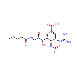 CCCCC(=O)NC[C@@H](O)[C@@H](O)[C@@H]1OC(C(=O)O)=C[C@H](N=C(N)N)[C@H]1NC(C)=O ZINC000198821179