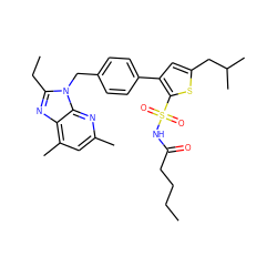 CCCCC(=O)NS(=O)(=O)c1sc(CC(C)C)cc1-c1ccc(Cn2c(CC)nc3c(C)cc(C)nc32)cc1 ZINC000029327628