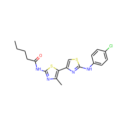 CCCCC(=O)Nc1nc(C)c(-c2csc(Nc3ccc(Cl)cc3)n2)s1 ZINC000008691899