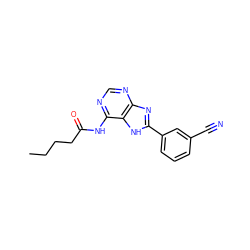 CCCCC(=O)Nc1ncnc2nc(-c3cccc(C#N)c3)[nH]c12 ZINC000058603810