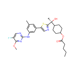 CCCCC(=O)OC1CCC([C@](C)(O)c2ncc(-c3cc(C)cc(Nc4ncc(F)c(OC)n4)c3)s2)CC1 ZINC001772588313