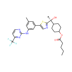 CCCCC(=O)OC1CCC([C@](C)(O)c2ncc(-c3cc(C)cc(Nc4nccc(C(F)(F)F)n4)c3)s2)CC1 ZINC001772602019